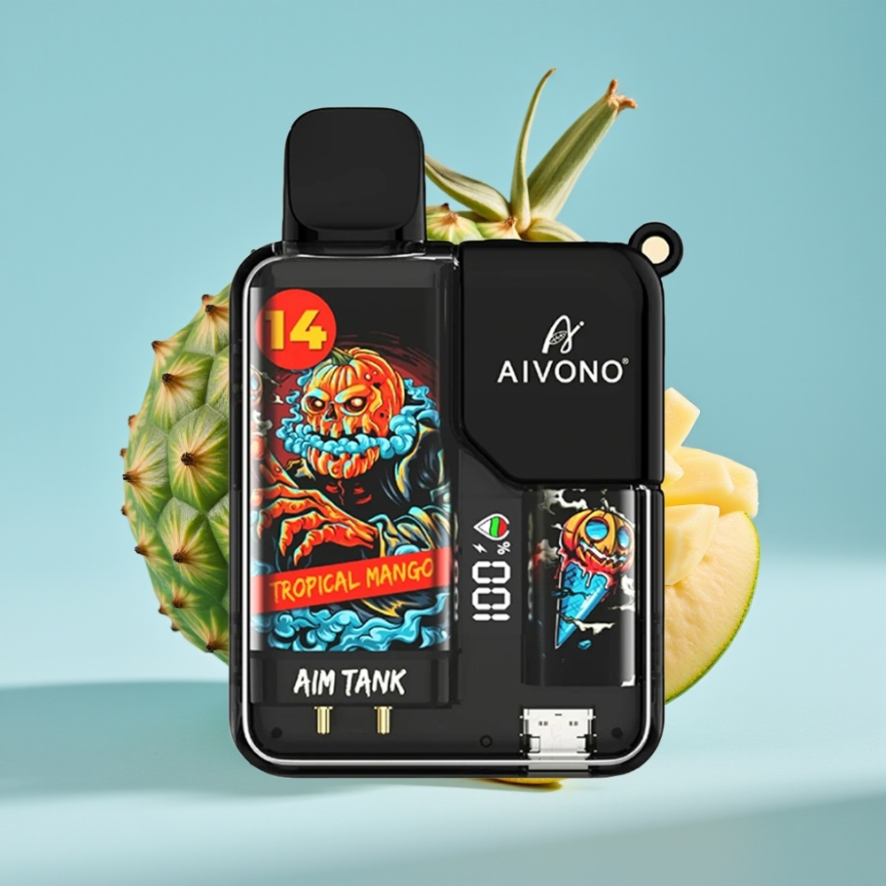 Aivono AIM-TANK 9500 Puffs Chile vape: 18ml Capacidad, 650mAh Batería, Pantalla LCD, 0%-5% Nicotina, 1.2ohm Bobina Malla, Sabor Mango Tropical