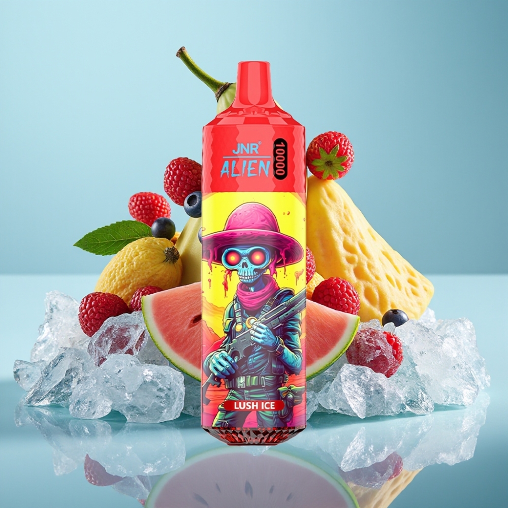 JNR Alien 10000 Puffs Chile vape con 20ml de líquido, carga rápida Type-C, diseño deportivo, luces LED RGB y sabor Lush Ice