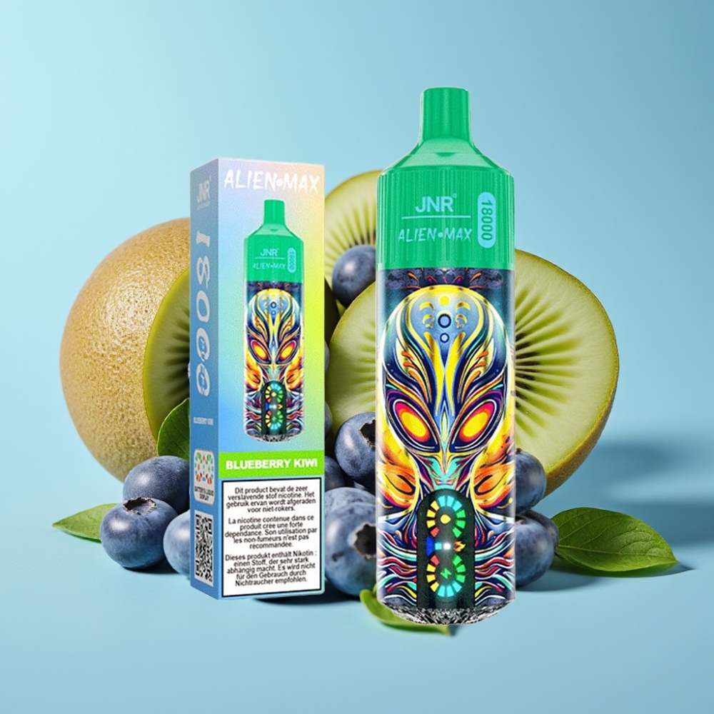 JNR Alien Max 18000 Puffs Chile Vape Desechable con Pantalla LED Inteligente, Doble Bobina Mesh, 20 Sabores, Sabor Blueberry Kiwi, Carga Rápida Type-C