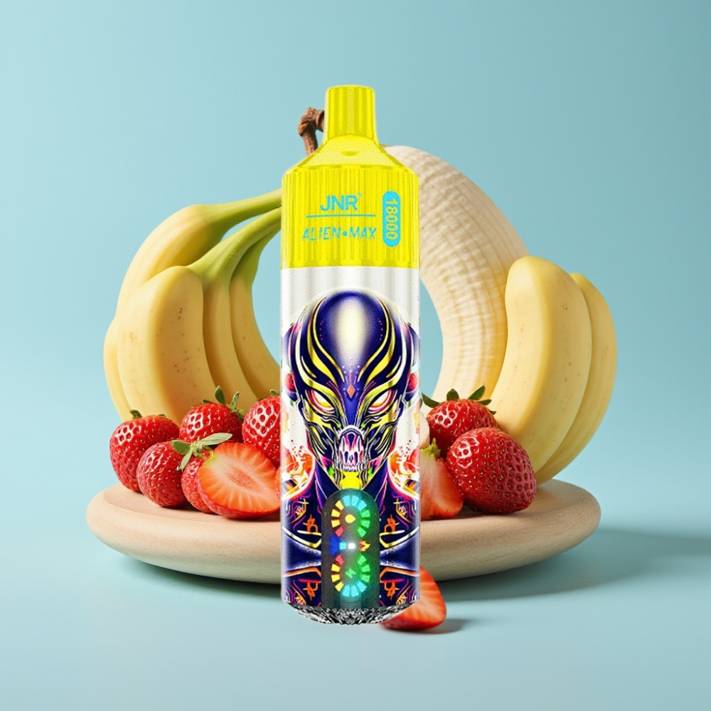 JNR Alien Max 18000 Puffs Chile Vape Fresa Plátano con Pantalla LED Inteligente, Doble Bobina Mesh, 20 Sabores, Batería 850mAh, Carga Rápida Type-C