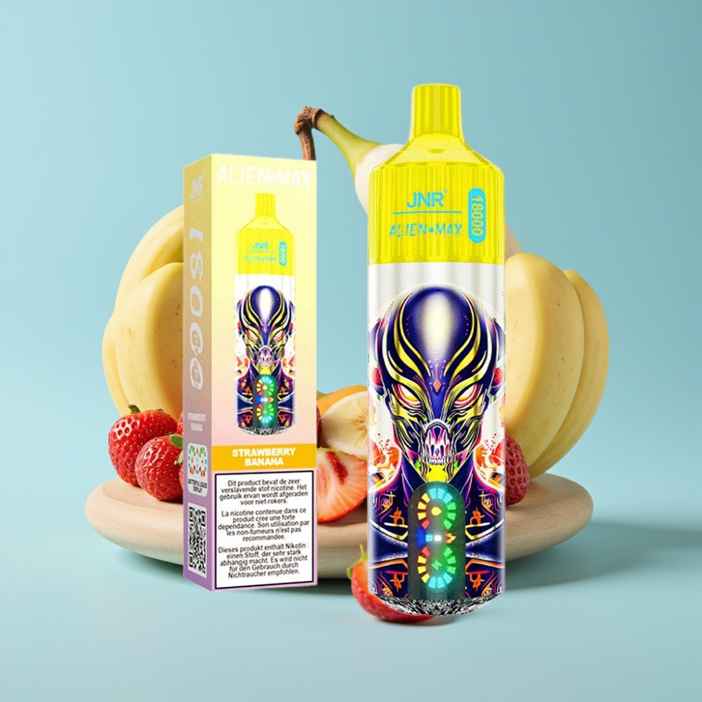 JNR Alien Max 18000 Puffs Chile Vape Fresa Plátano con Pantalla LED Inteligente, Doble Bobina Mesh, 20 Sabores, Batería 850mAh, Carga Rápida Type-C