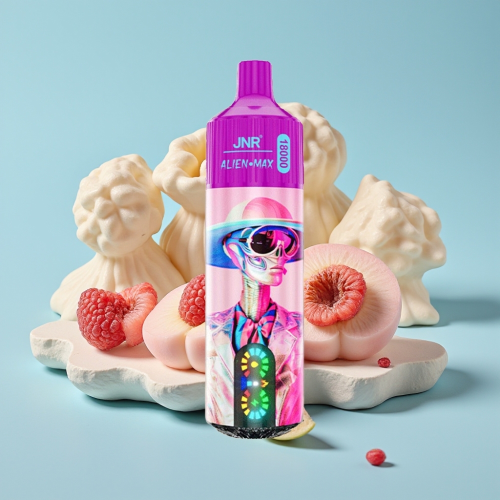 JNR Alien Max 18000 Puffs Vape Chile Duradero con Pantalla LED Inteligente, Doble Bobina Mesh, 20 Sabores, Carga Rápida Type-C, Sabor White Peach Razz
