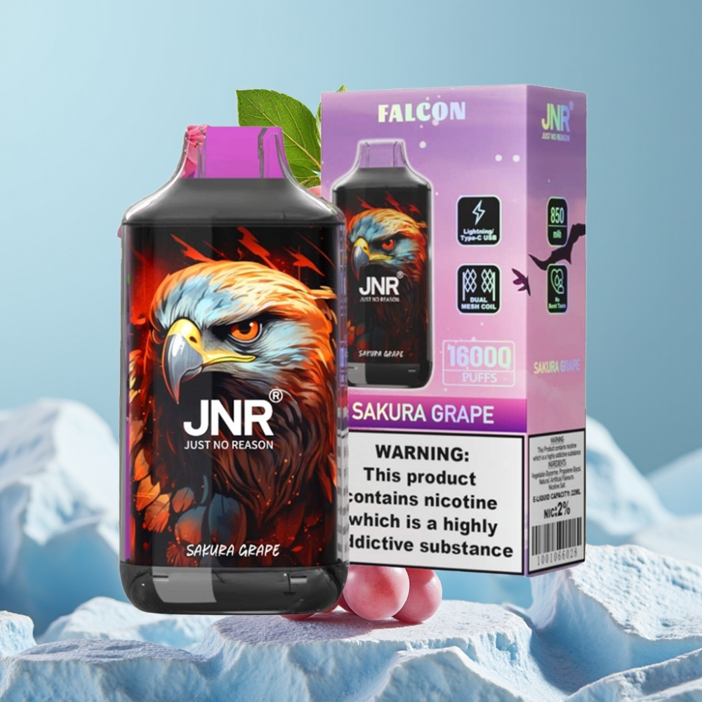 JNR Falcon 16000 Puffs Chile Vape Desechable Sakura Uva – 850mAh, 22ml, Doble Malla, Tipo C/Lightning, Pantalla LED, 0%/2% Nicotina