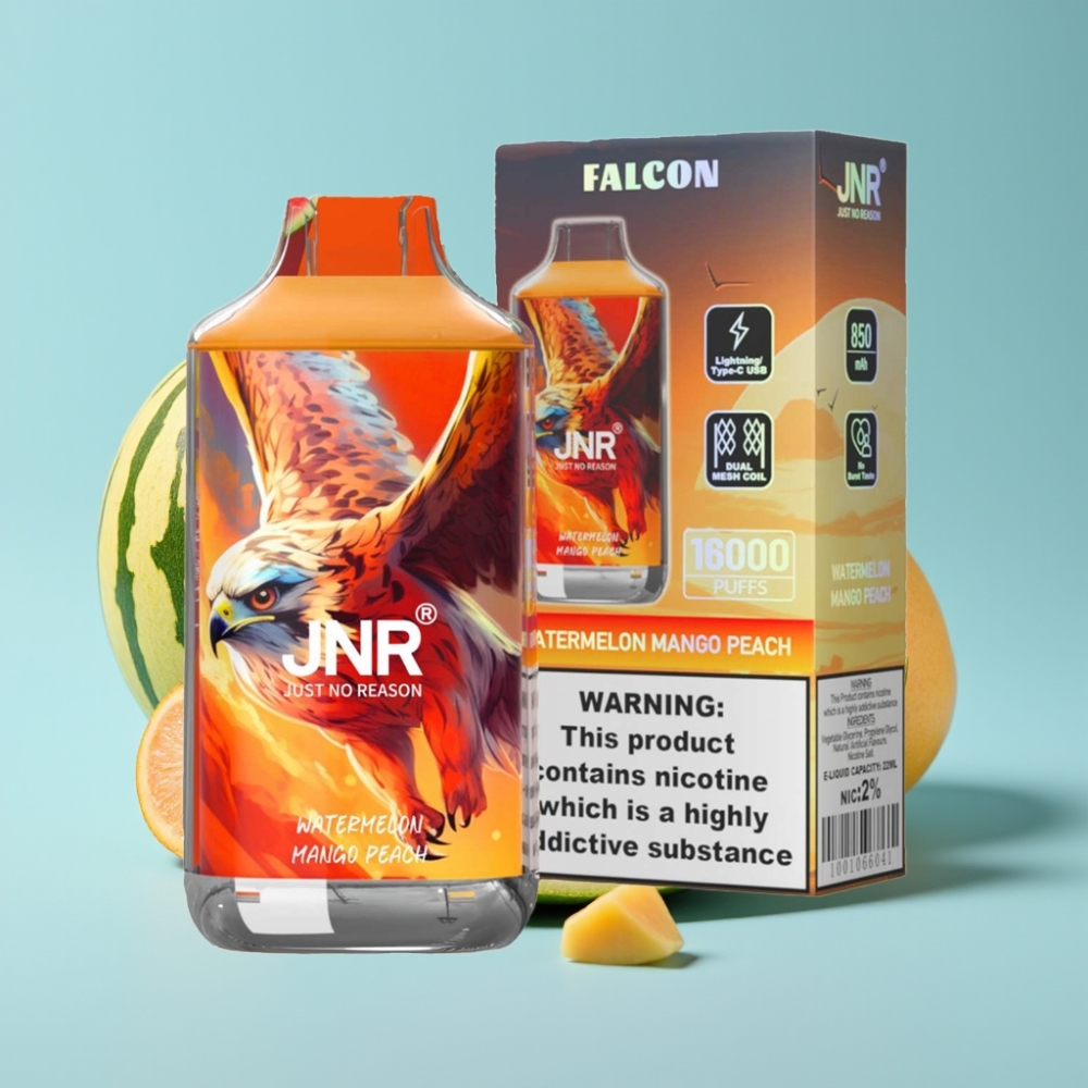 JNR Falcon 16000 Puffs Chile Vape Desechable Sandía Mango Durazno – 850mAh, 22ml, Doble Malla, Tipo C/Lightning, Pantalla LED, 0%/2% Nicotina
