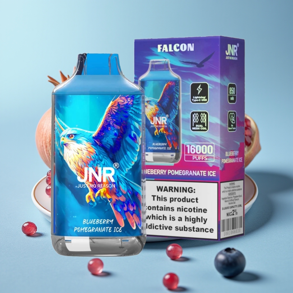 JNR Falcon 16000 Puffs Chile vape Desechable Arándano Granada Hielo - 850mAh, 22ml, Doble Bobina Mesh, Tipo C/Lightning, Pantalla LED, Nicotina 0%/2%