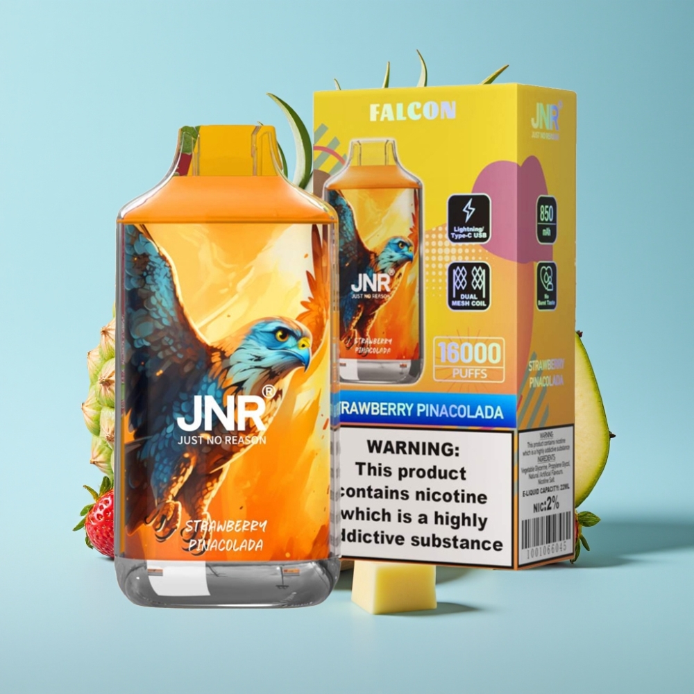 JNR Falcon 16000 Puffs Chile vape Desechable Fresa Piña Colada: 16000 Puffs, 850mAh, 22ml, Doble Malla, Tipo C/Lightning, Pantalla LED, 0%/2% Nicotina