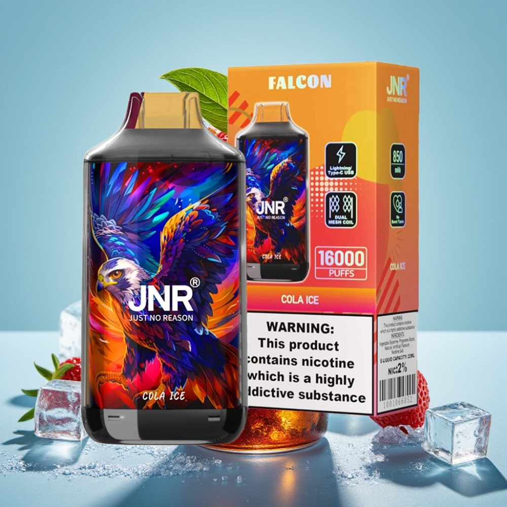 JNR Falcon 16000 Puffs Chile vape Desechable Sabor Cola Ice, 850 mAh, 22ml, Doble Malla, Tipo C y Lightning, Pantalla LED, Nicotina 0% o 2%