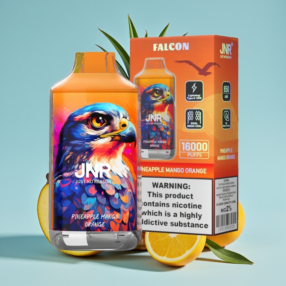 JNR Falcon 16000 Puffs Vape Desechable Chile vape Piña Mango Naranja - 850mAh, 22ml, Doble Malla, Tipo C/Lightning, Pantalla LED, 0%/2% Nicotina