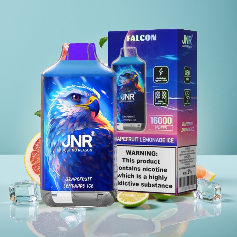 JNR Falcon 16000 Puffs Vape Desechable Chile vape Pomelo Limonada Helada, 850mAh, 22ml, Dual Mesh Coil, Tipo C/Lightning, Pantalla LED, 0%/2% Nicotina