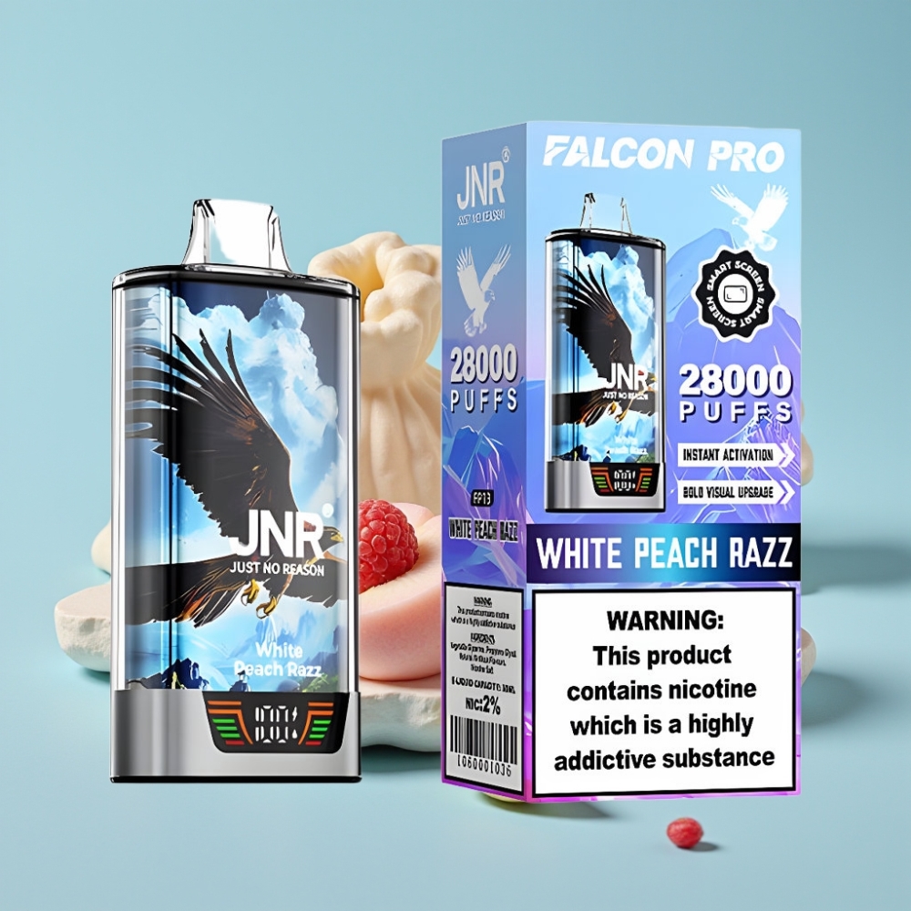 JNR Falcon Pro 28000 Desechable Chile Vape - Durazno Blanco y Frambuesa: 30ml, 950mAh, 28000 Caladas, 5% Nicotina, Pantalla, Doble Malla, USB-C, MTL