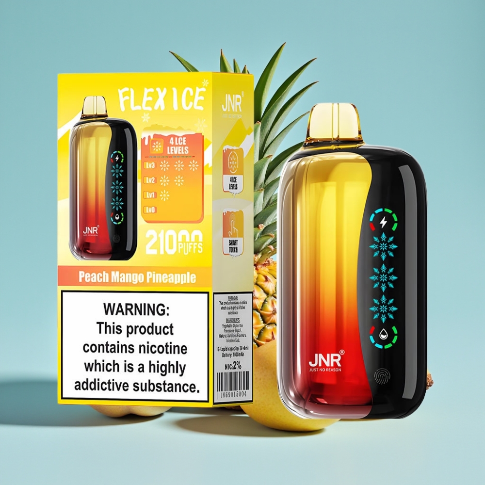 JNR Flex Ice 21000 Puffs Chile Vape Desechable: Duraznos Mango Piña, Hielo Ajustable, 26ml, 1.2 Ohm Dual Mesh, 1000mAh, Tipo-C, Nicotina 0%-5%