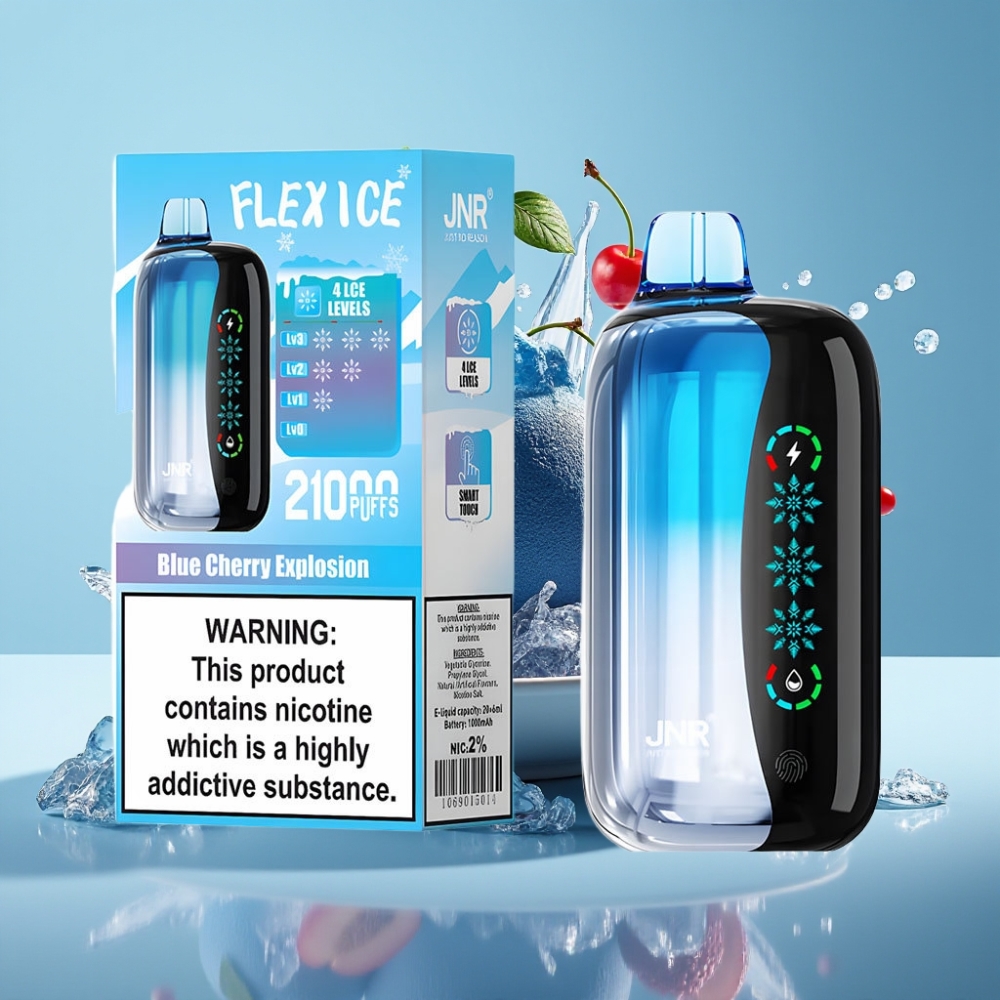 JNR Flex Ice 21000 Puffs Desechable Chile Vape Blue Cherry Explosion: Hielo Ajustable, 26ml E-líquido, 1.2 Ohm Dual Mesh, Pantalla Táctil, Tipo-C