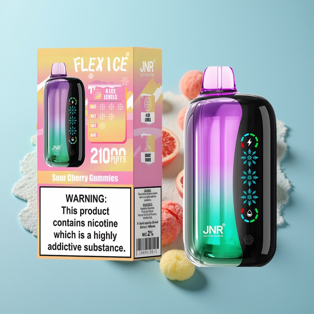 JNR Flex Ice 21000 Puffs Vape Desechable Chile vape con Ajuste de Hielo, 26ml de E-líquido, Pantalla Táctil, Sabor Sour Cherry Gummies