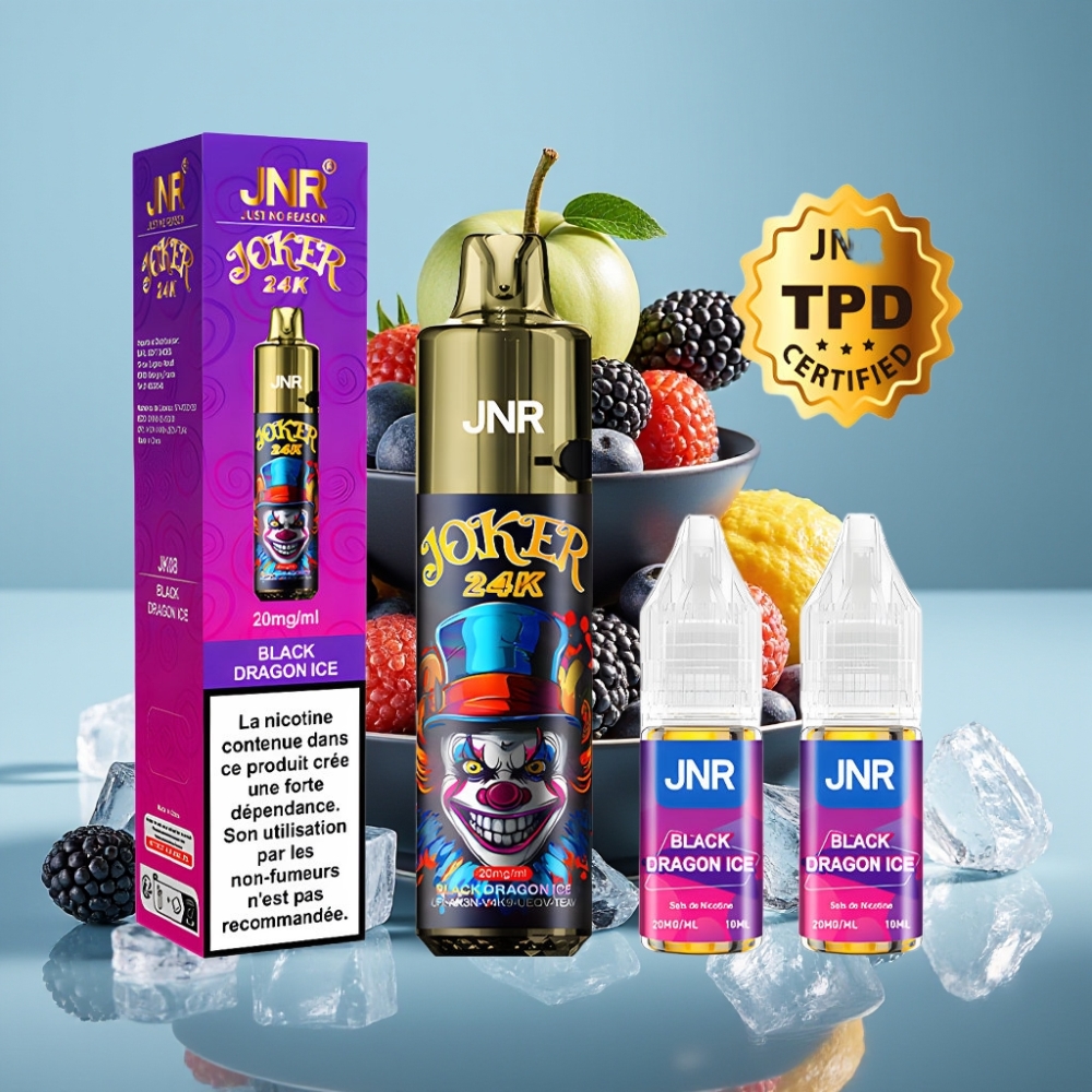 JNR Joker 24K Puffs Desechable Chile Vape Dragón Negro Hielo: 2+10ml Recargable, 800mAh, Luz LED, Tipo-C, 24000 Caladas, 2% Nicotina