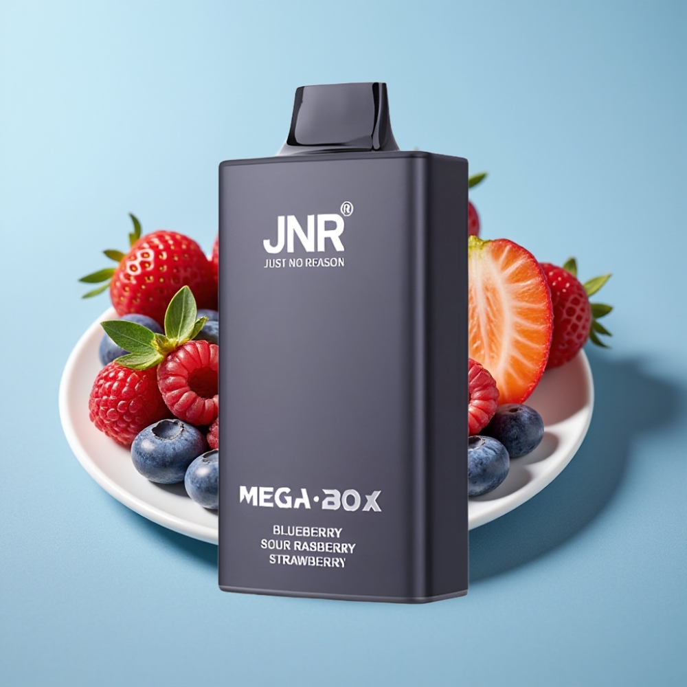 JNR Mega Box 25000 Puffs Chile Vape Desechable Sabor Arándano Agrio Frambuesa Fresa, 30ml, 850mAh, Doble Malla, Carga Rápida Type-C, 2% Nicotina
