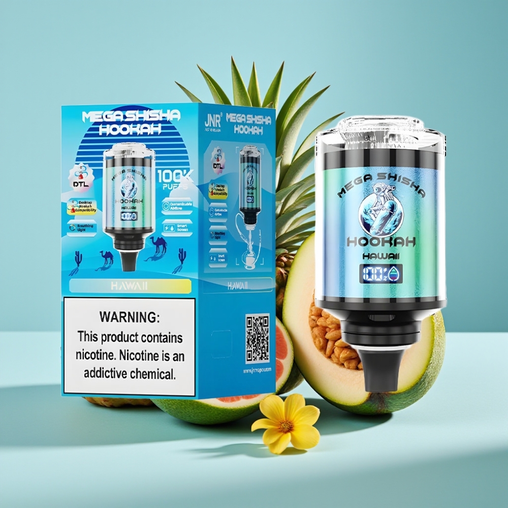 JNR Mega Shisha Hookah 100K Compatibilidad de Escritorio Hawaii Chile Vape - 100K caladas, 60ml capacidad, batería 2200mAh, pantalla inteligente
