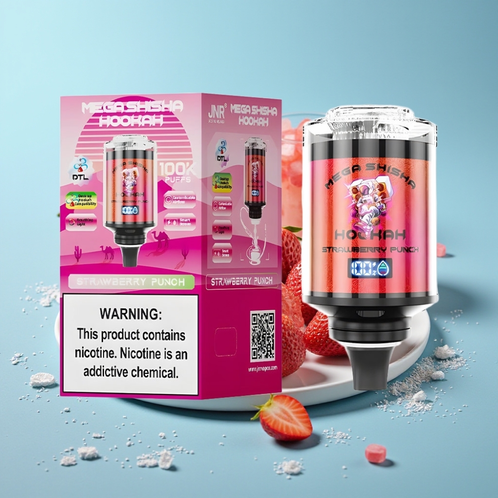 JNR Mega Shisha Hookah Chile vape 100K Compatibilidad Escritorio Fresa Punch 70.2mm×270mm×143.2mm 100000 caladas 60ml 2200mAh Tipo-C Pantalla Inteligente Flujo Aire Ajustable 2% nicotina