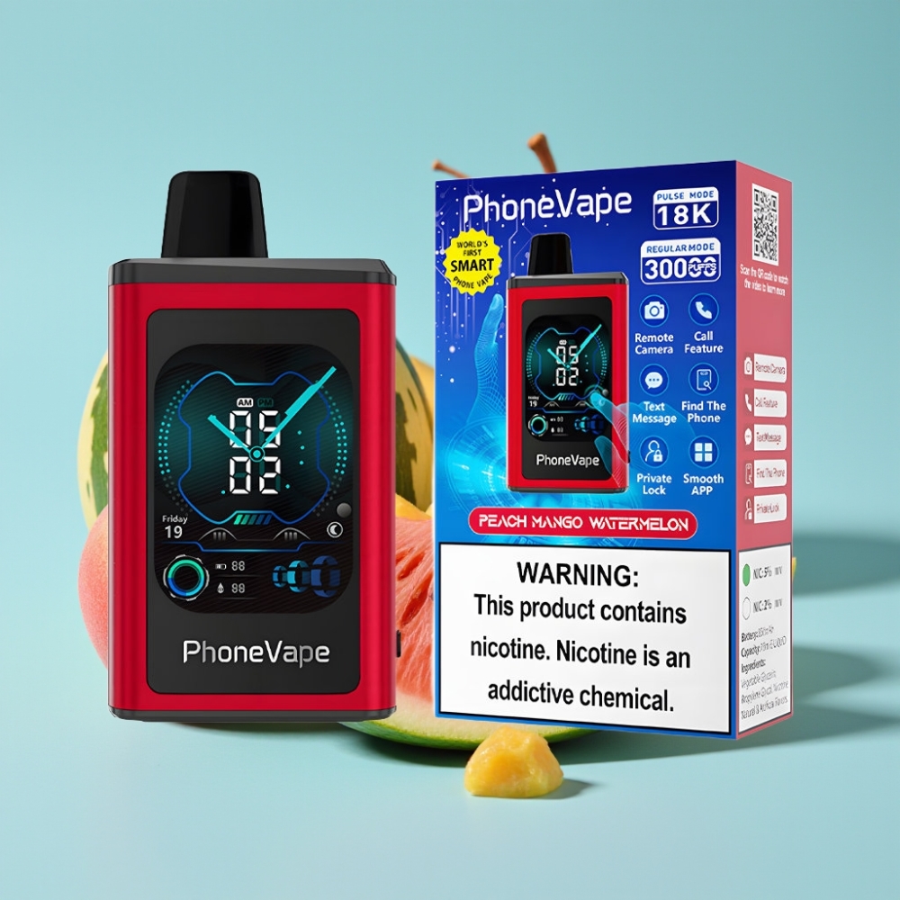 JNR PhoneVape 30000 caladas Chile vape Recargable 850mAh Tipo-C, Modo Turbo, Flujo de Aire Ajustable, Control por App, Sabor Melocotón Mango Sandía
