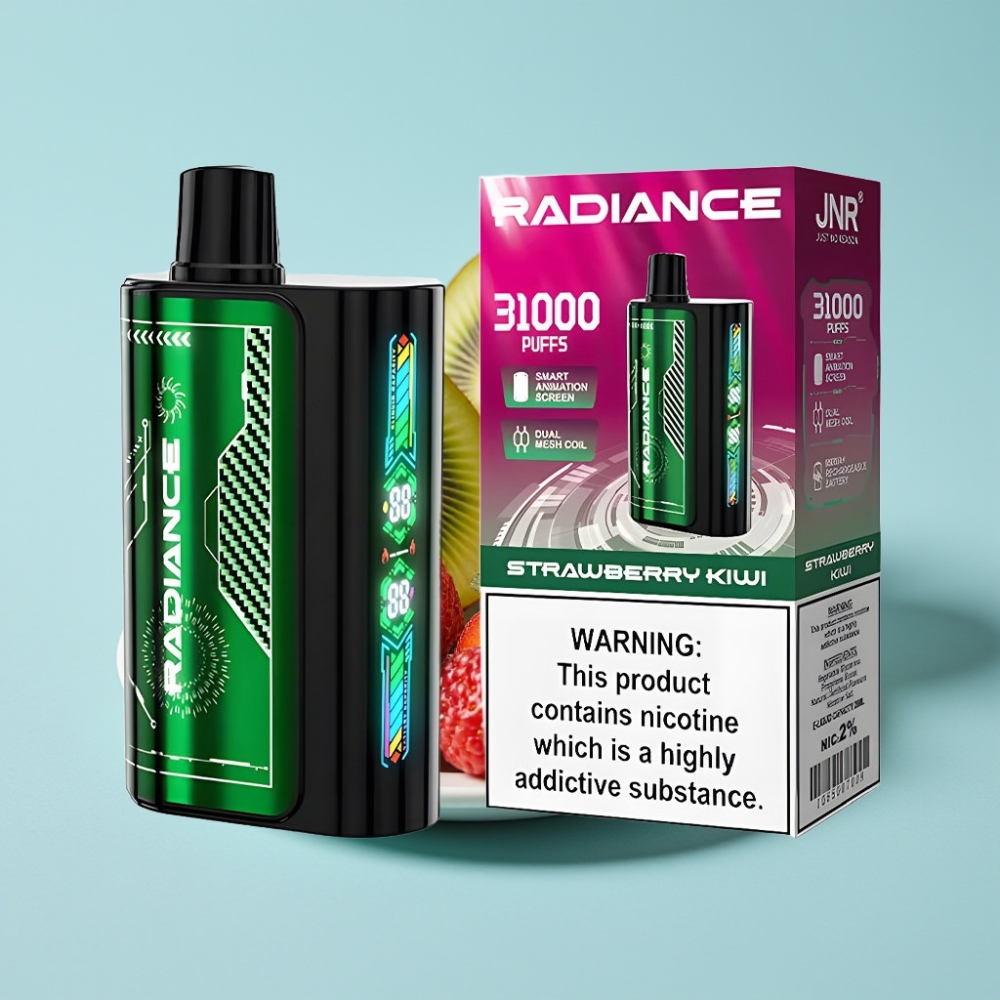 JNR Radiance 31000 Caladas Vape Desechable Chile vape Fresa Kiwi: 28ml, Pantalla Animada, Doble Bobina Mesh, Batería Recargable 950 mAh, Tipo-C, 2% Nicotina