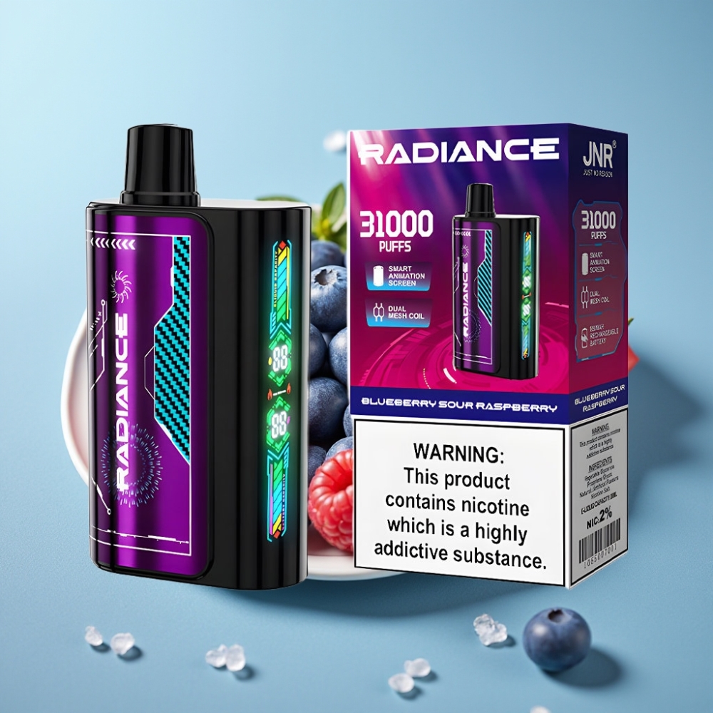 JNR Radiance 31000 Puffs Chile Vape Desechable ARÁNDANO AZUL FRAMBUESA ÁCIDA: 28ml, Pantalla Animada, Doble Malla, Batería 950 mAh, USB-C, 2% Nicotina
