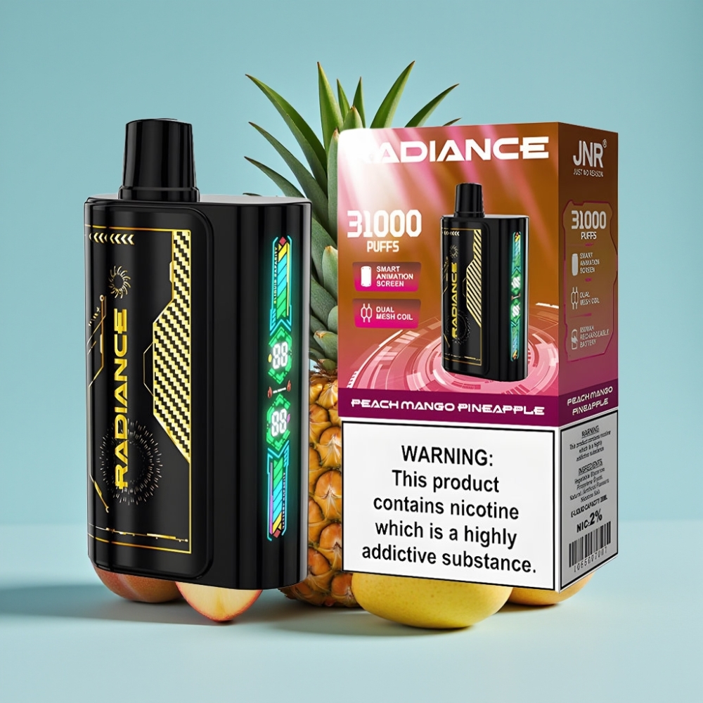 JNR Radiance 31000 Puffs Chile Vape Desechable DURAZNO MANGO PIÑA: 28ml, Pantalla Animada, Doble Malla, Batería 950 mAh, Tipo-C, 2% Nicotina
