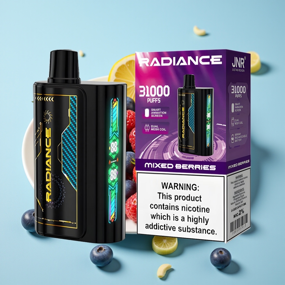 JNR Radiance 31000 Puffs Chile Vape Desechable MEZCLA DE BAYAS: 28ml, Pantalla Animada, Batería 950 mAh Recargable, Tipo-C, 2% Nicotina