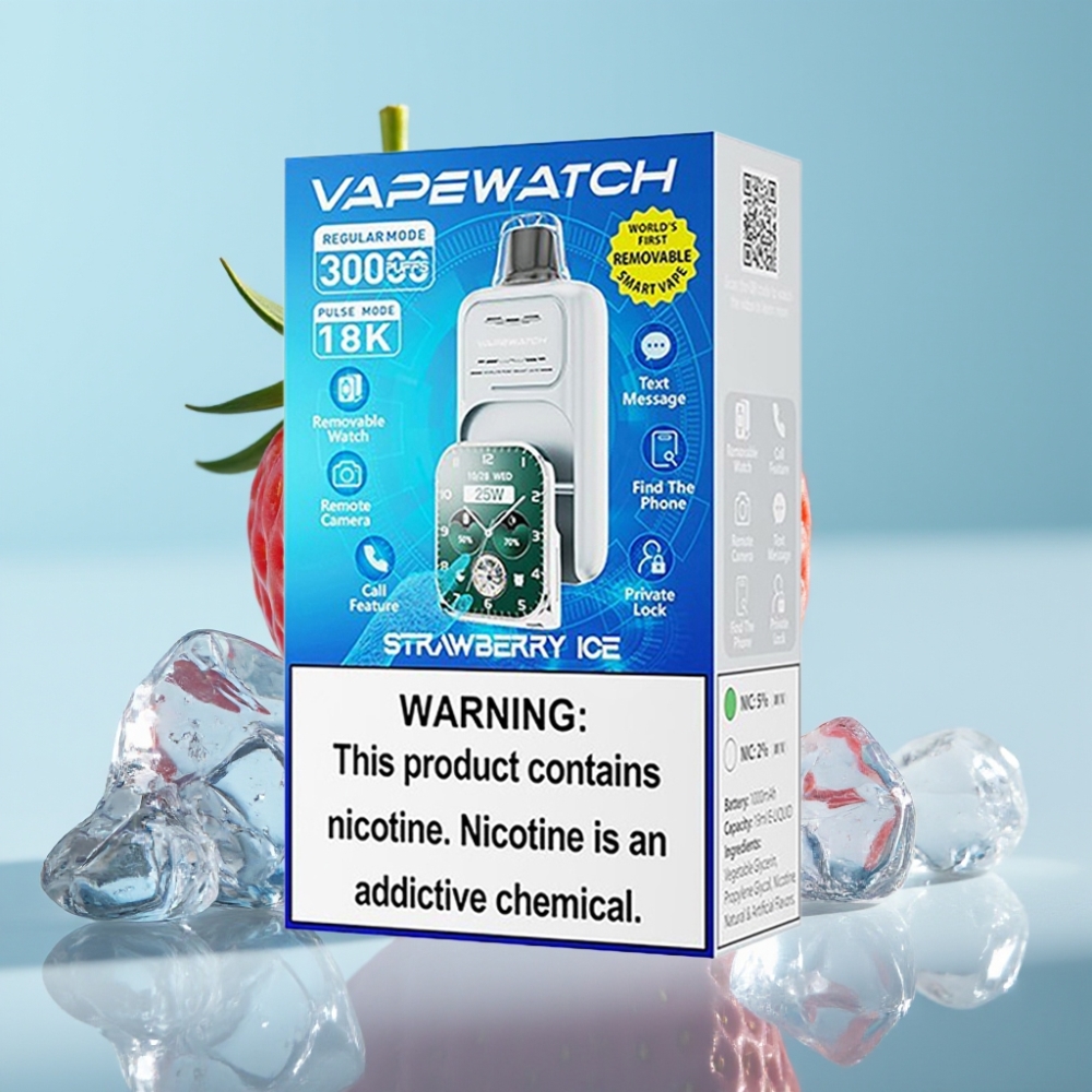 JNR VapeWatch 30000 Puffs Chile Vape Desechable Fresa Hielo - 19mL, 5% Nicotina, Batería 1000mAh, Carga Tipo-C, Doble Malla