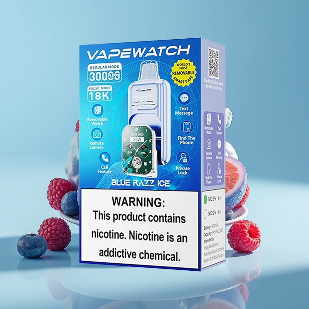 JNR VapeWatch 30000 Puffs Chile vape Desechable Blue Razz Ice: 30K caladas, 1000mAh, 19mL, 5% nicotina, bobina dual mesh, carga rápida Type-C