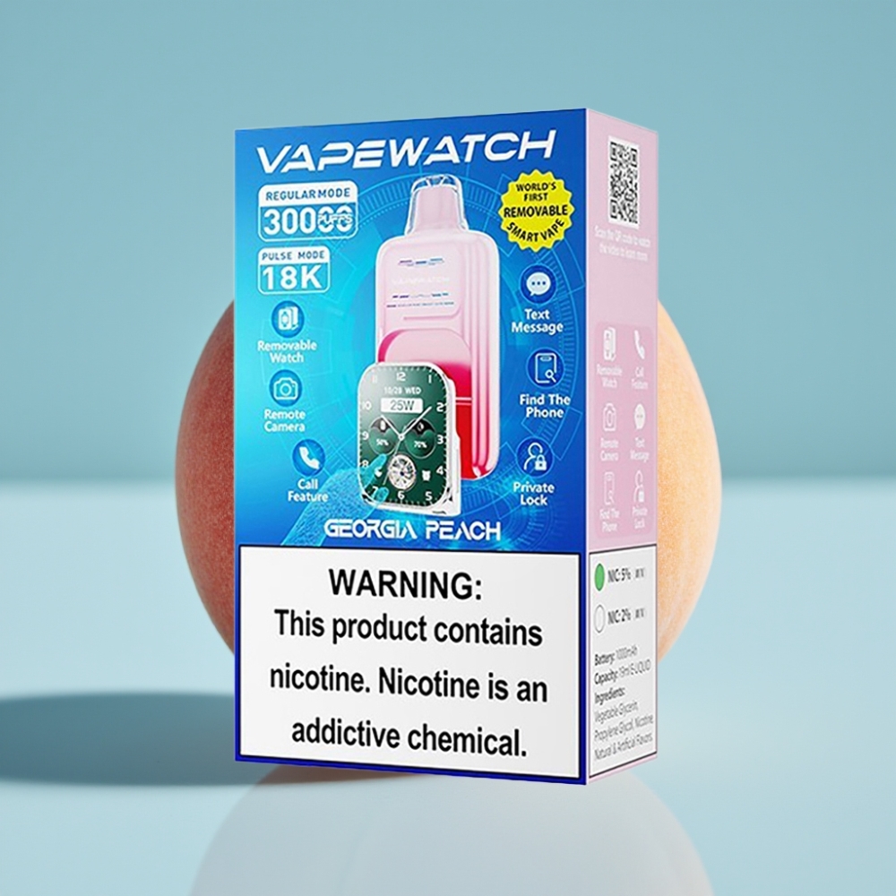 JNR VapeWatch 30000 Puffs Chile vape Desechable Durazno de Georgia, 30.000 caladas, 1000mAh, 19mL, 5% nicotina, bobina dual mesh, carga rápida Type-C