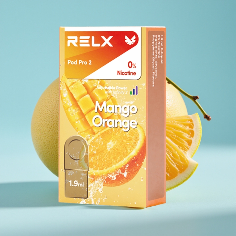 RELX Pod Pro 2 Chile Vape 0% Nicotina, 600 Caladas, 1.9ml, Sabor Mango Naranja, Modos Eco (5.5W)/Smooth (6.5W)/Boost (8W), Opciones 2/3 pods/pack