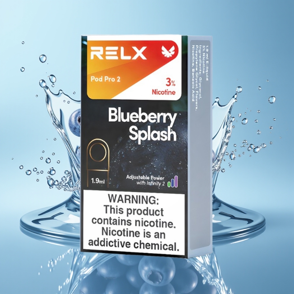 RELX Pod Pro 2 Chile Vape Dispositivo con 3% Nicotina, 600 Caladas, 1.9ml, 2-3 Pods/Pack, 3 Modos de Voltaje, Sabor Blueberry Splash