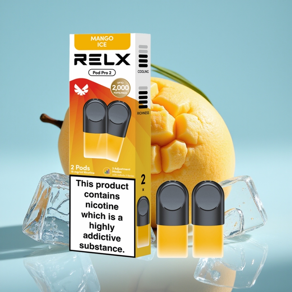 RELX Pod Pro 2 Chile Vape Dispositivo con Nicotina 1.8%, 600 caladas, 1.9ml, Modos Eco (5.5W)/Smooth (6.5W)/Boost (8W), Sabor Mango Ice, Opciones 2/3 pods/pack
