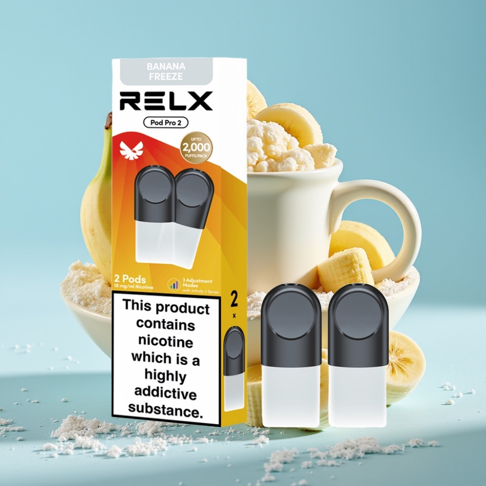 RELX Pod Pro 2 Chile vape: Postre-Plátano Frío – Nicotina 1.8%, 600 caladas, 1.9ml, 2/3 pods, modos Eco (5.5W)/Smooth (6.5W)/Boost (8W)