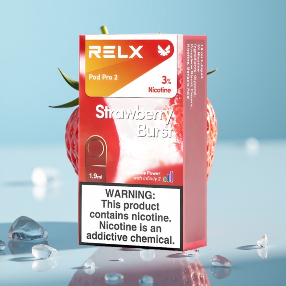 RELX Pod Pro 2 Chile vape con 3% nicotina, 600 caladas, 1.9ml, opciones de 2/3 pods, modos Eco (5.5W)/Smooth (6.5W)/Boost (8W), sabor Strawberry Burst