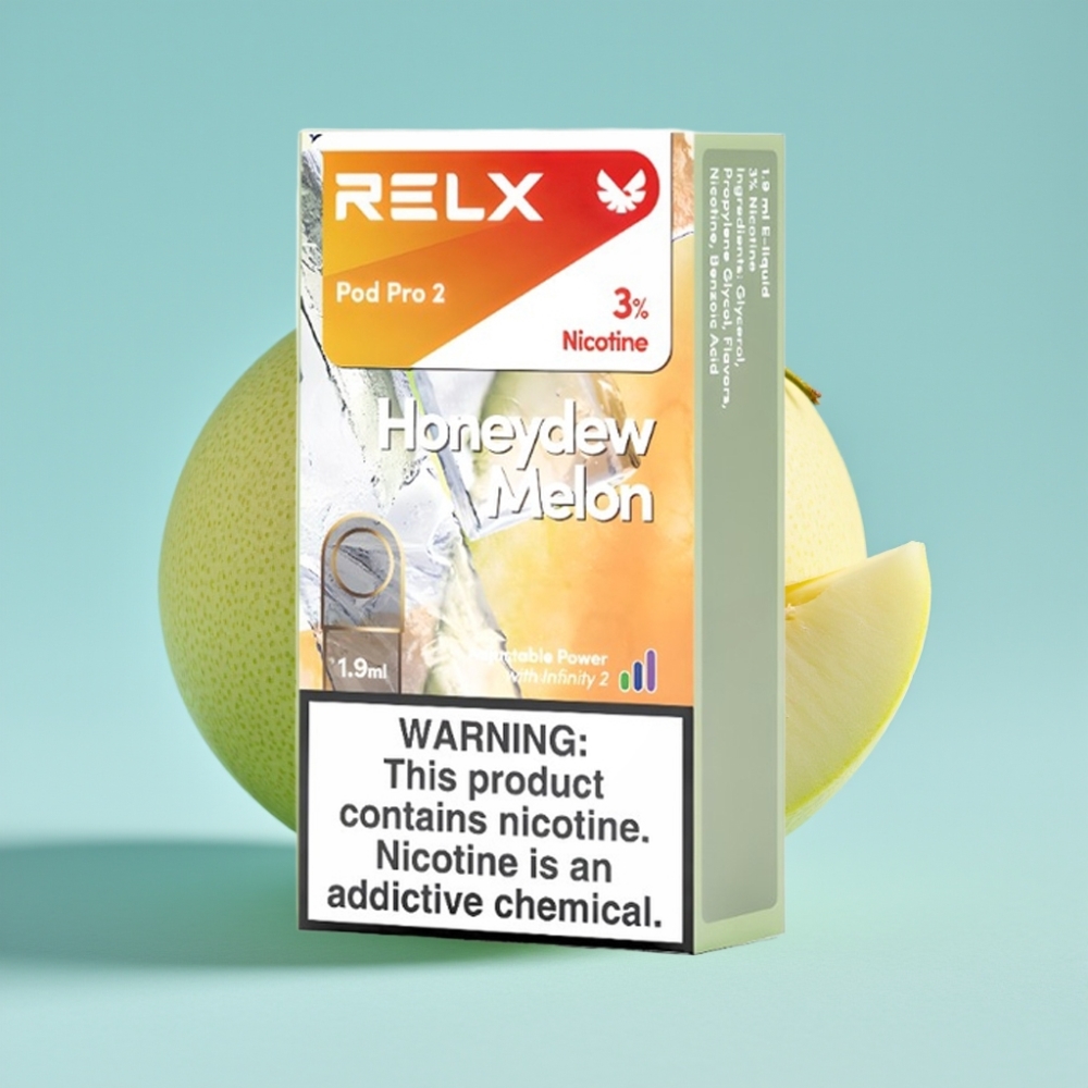 RELX Pod Pro 2 Chile vape con 3% nicotina, 600 caladas, 1.9ml, sabor Honeydew Melon, opciones de 2/3 pods, ajuste de voltaje Eco/Smooth/Boost