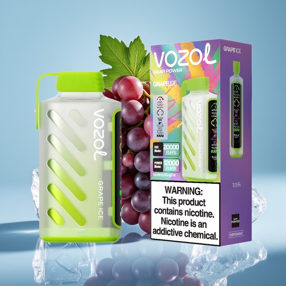 VOZOL Gear Power 20000 Puffs Chile vape Grape Ice: S.i.L.C. Tech, ECO 20000 Puffs, POWER 12000 Puffs, Dual Mesh Coil, Pantalla Completa, 20mL, 5%(50mg)